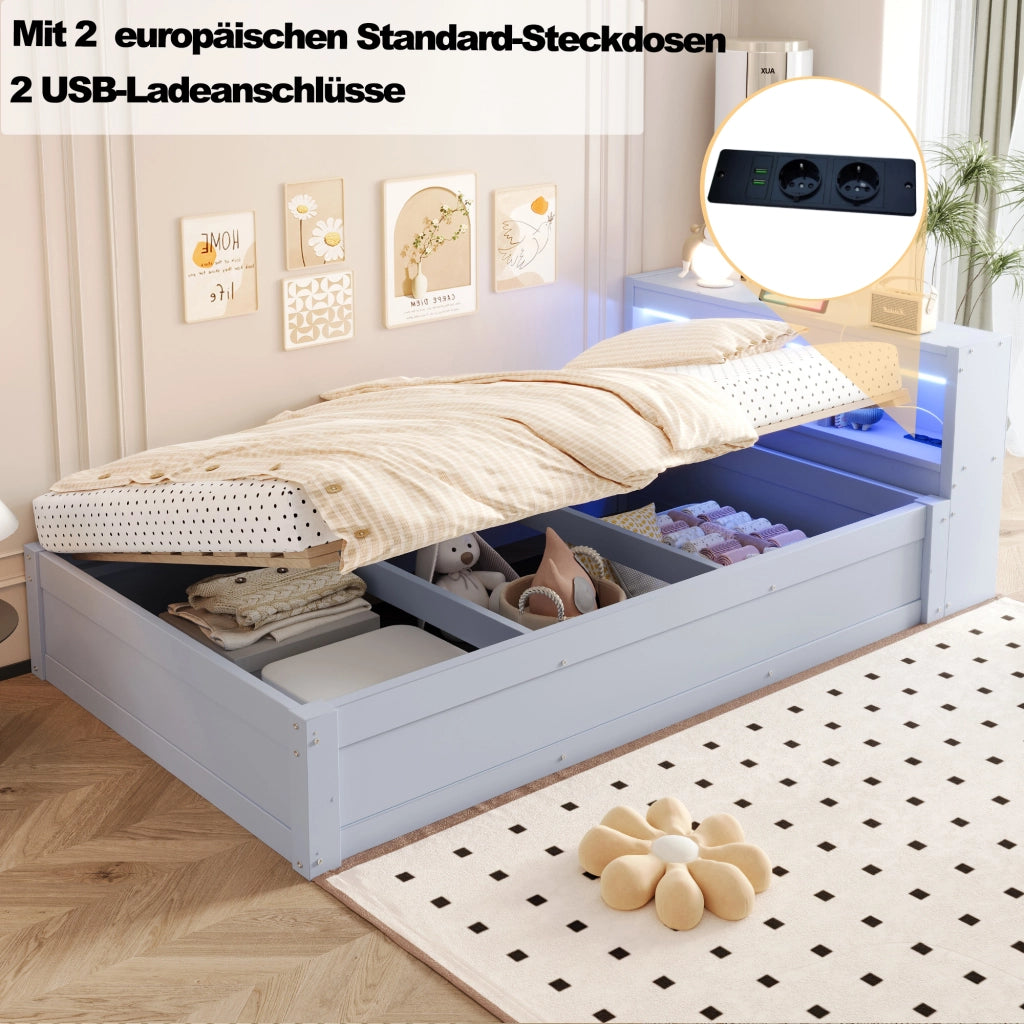 Letto singolo con contenitore 90 × 200 cm con testiera a vani; LED; presa integrata e sollevamento idraulico grigio