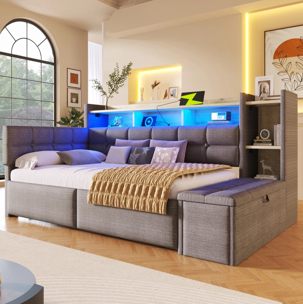Divano letto in velluto 90x190 cm con 2 cassetti; LED; USB e Type-C; grigio scuro