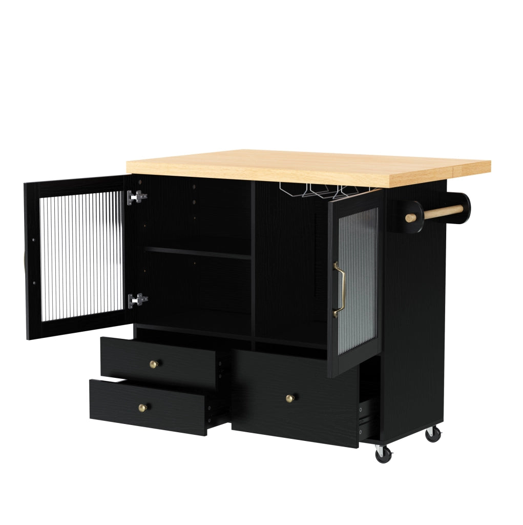 Isola cucina mobile estensibile nero e legno con ruote e porta-bicchieri