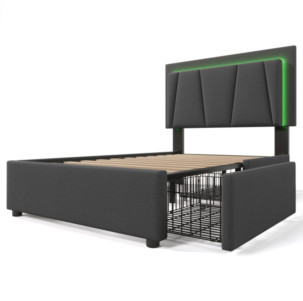 Letto 90x200 cm con LED, 2 cassetti e testiera regolabile grigio