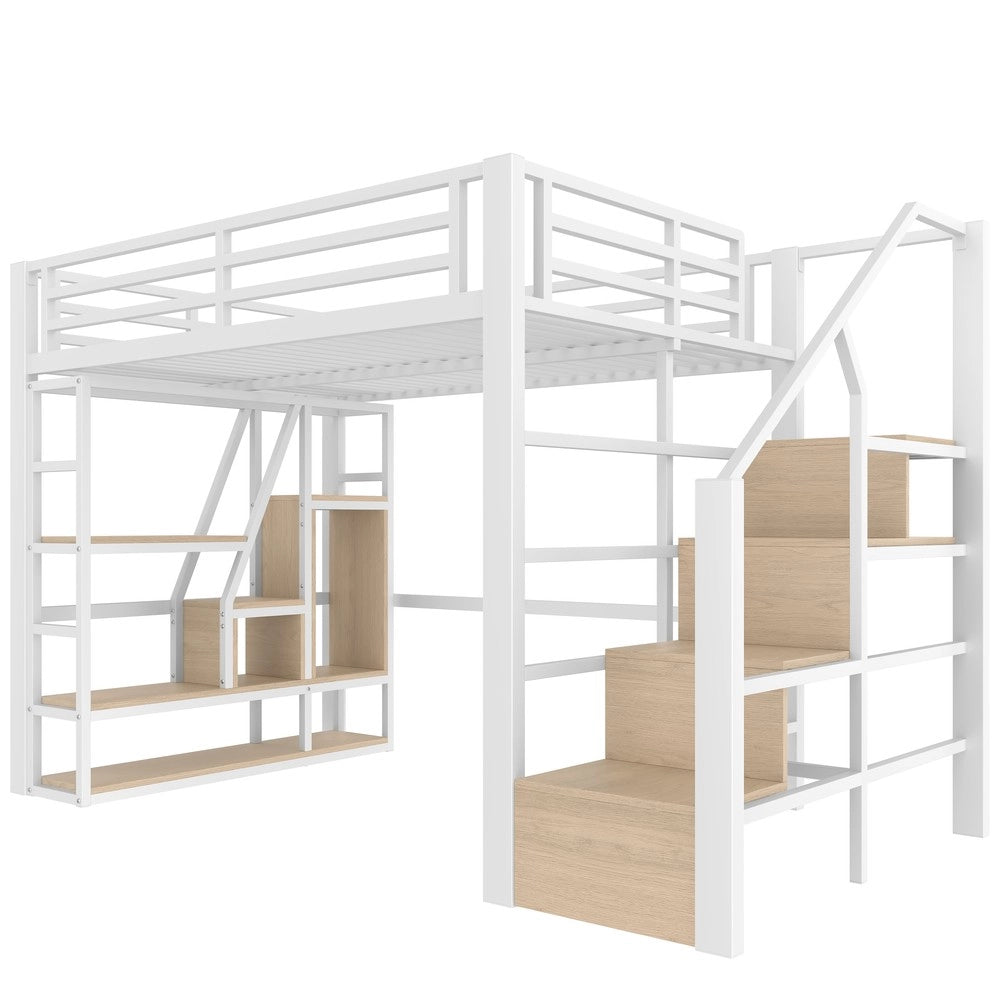 Letto a Soppalco 140x200 con LED ¨C Xylo ¨C Bianco, Metallo, Scaletta, Contenitore