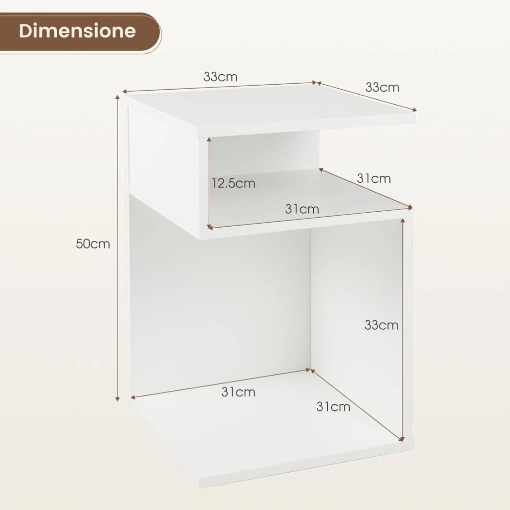 COSTWAY Tavolino Laterale da Salotto a Forma di S per Piccoli Spazi, Tavolino per Divano con 2 Scomparti Aperti, Comodino Moderno per Soggiorno, Camera da Letto e Studio, Bianco