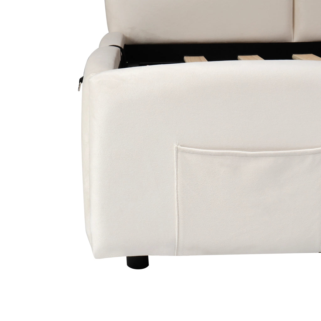 Letto divano contenitore 90x200 cm in velluto beige con USB; USB-C e tasche laterali