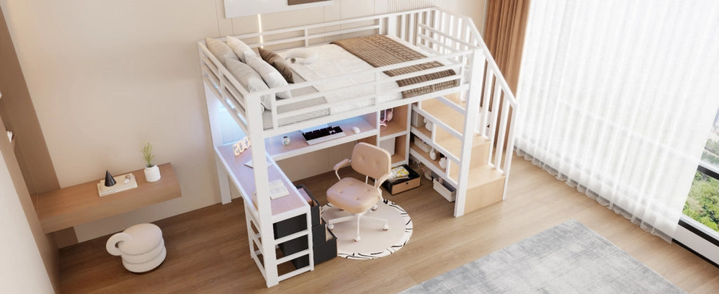 Letto a soppalco 140 ¡Á 200 cm con scala contenitore e barra LED integrata regolabile tramite app in metallo e MDF nero