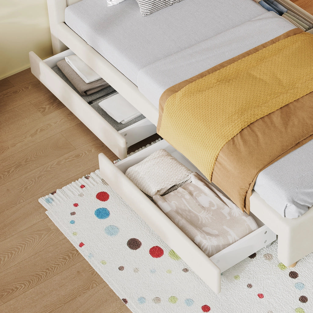 Letto a casetta 90 x 200 cm - letto singolo imbottito in velluto con 4 cassetti, testiera forma a casetta e contenitore, beige