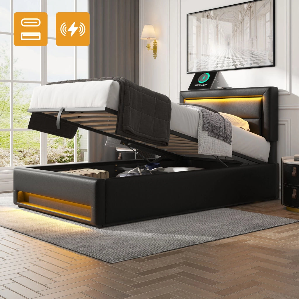 Letto imbottito 90x190 cm con USB, LED, contenitore e rete a doghe, PU, nero