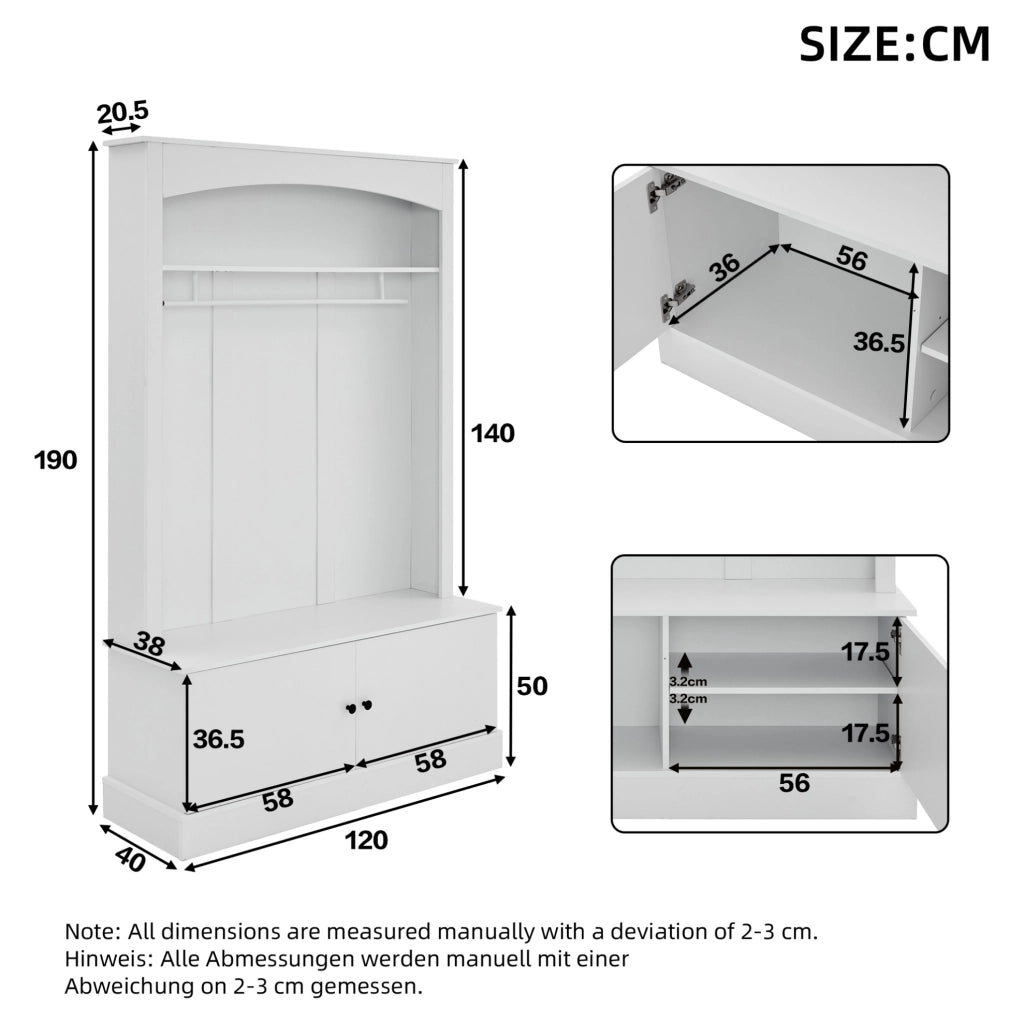 Mobile guardaroba con panca e barra appendiabiti; 120 ¡Á 40 ¡Á 190 cm; bianco