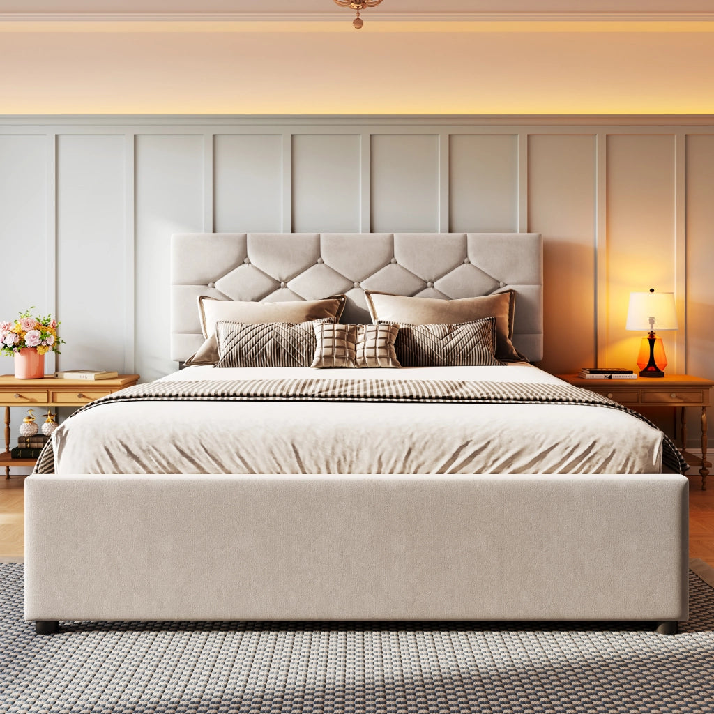 Letto imbottito 140x200 cm con rete e letto estraibile in velluto beige e MDF