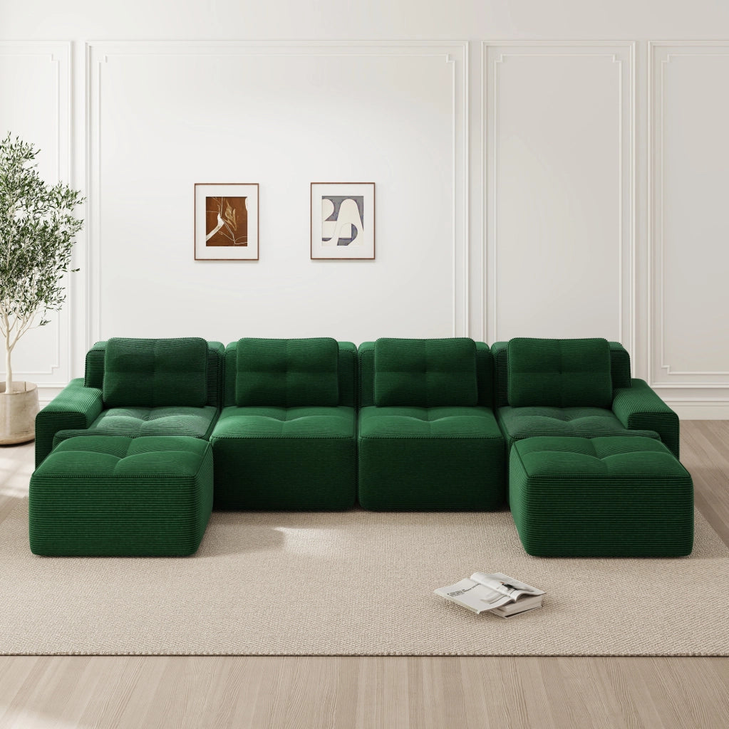 Divano modulare 4 posti senza braccioli in velluto a coste verde con chaise longue a U