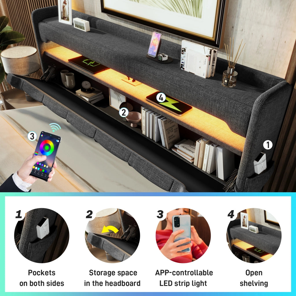 DESMIU Letto contenitore 160 × 200 cm 2 posti con LED, USB, Type C, senza materasso, grigio