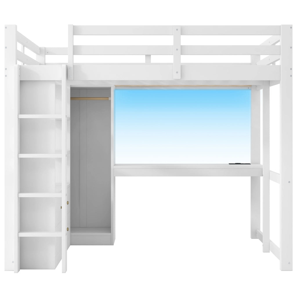 Letto a soppalco 140x200 con scrivania; LED; USB e contenitori; bianco