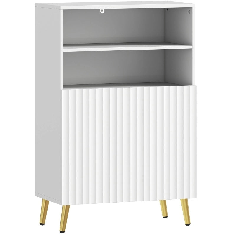 Mobiletto da bagno in MDF bianco con ante soft-close, 2 ripiani aperti e gambe dorate coniche