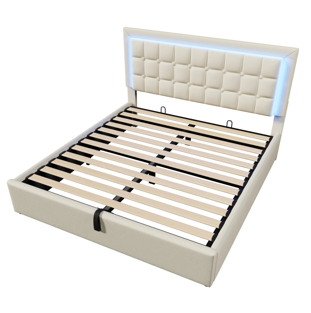 Letto matrimoniale imbottito 140x200 cm con rete a doghe, contenitore e striscia LED, rivestimento in similpelle bianca, con materasso incluso