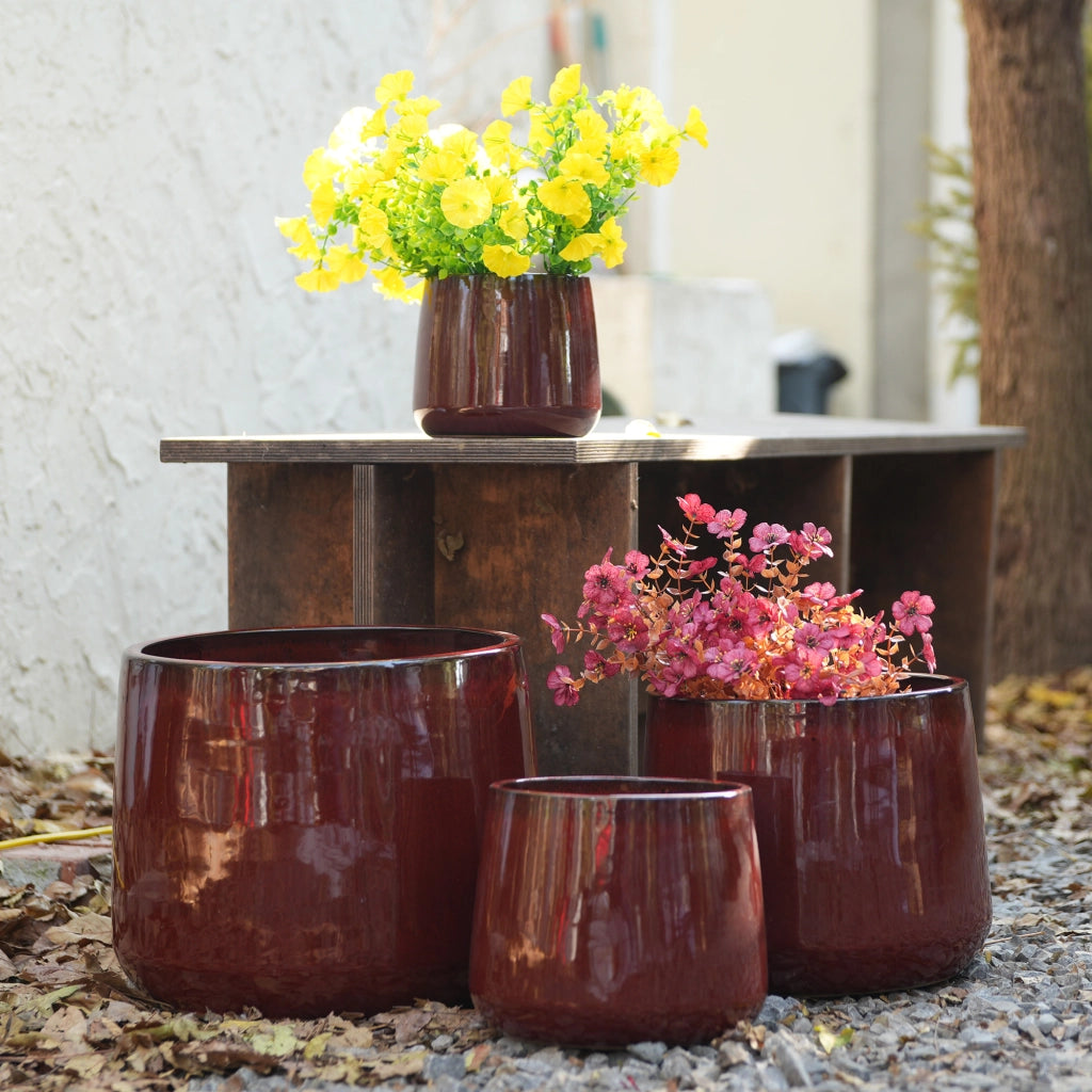 Vasi da fiori set di 4 in ceramica con foro di drenaggio smaltati rosso lucido per interno balcone e giardino