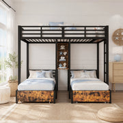 Letto a castello triplo 140x200 e 90x200 cm con cassetti e ripiani in MDF e metallo nero