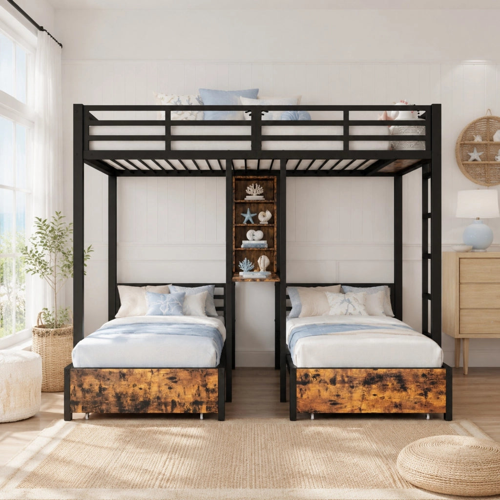 Letto a castello triplo 140x200 e 90x200 cm con cassetti e ripiani in MDF e metallo nero