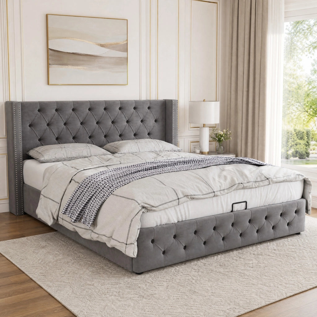 Letto matrimoniale 180x200 cm con contenitore idraulico in velluto; grigio