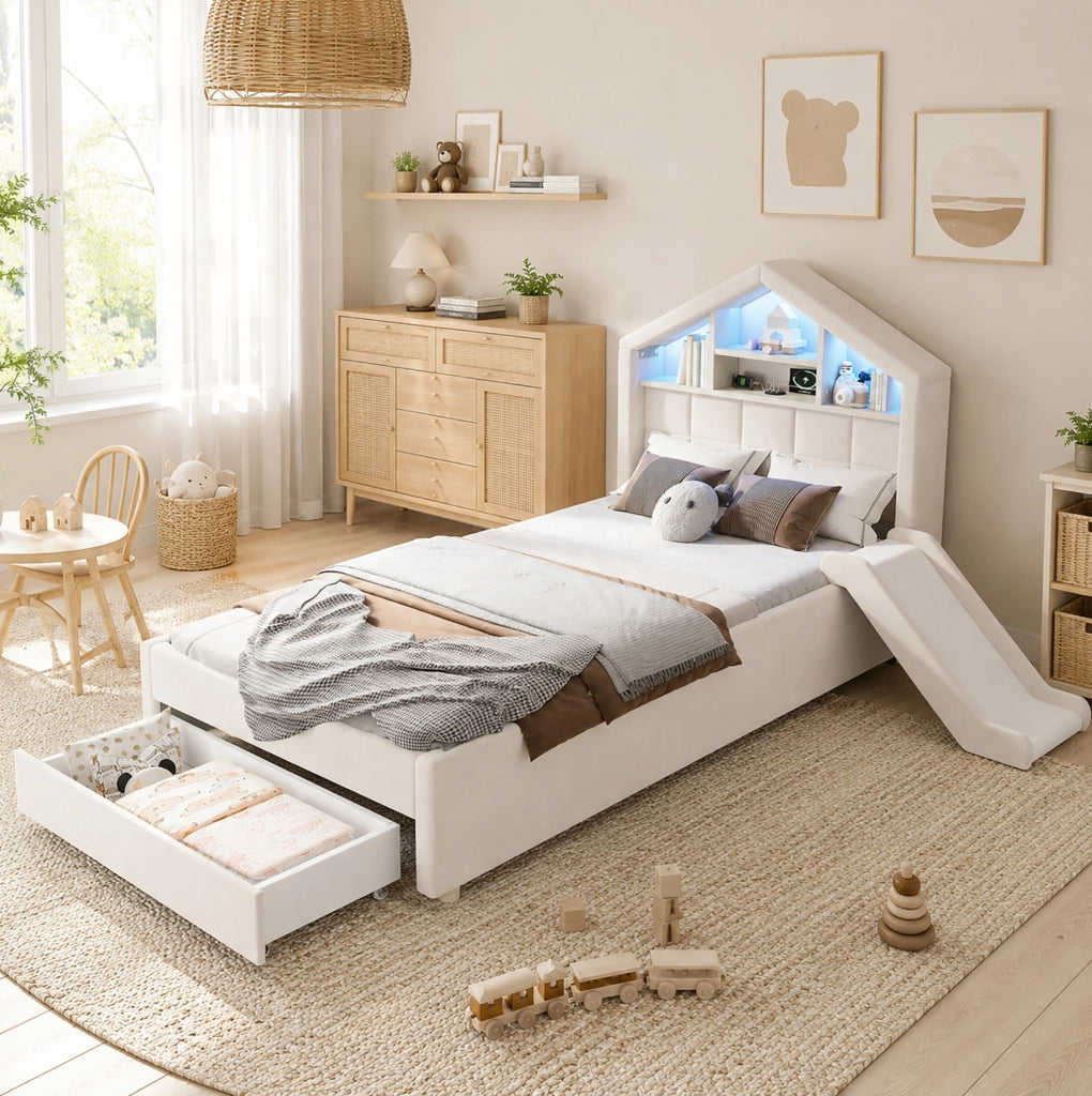 Letto singolo per bambini 90x200 cm imbottito con scivolo; LED e contenitore beige HOMVRA