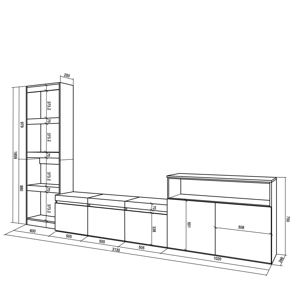 Mobile TV, Soggiorno, 310x35x186cm, Per TV fino a 65", Set di mobili, grigio cemento RF3166