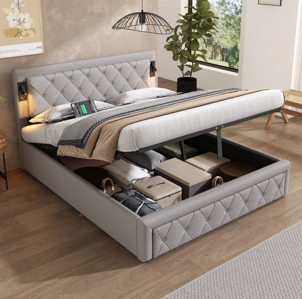 Letto imbottito contenitore con Downlight e USB; rete a doghe in legno; lino grigio