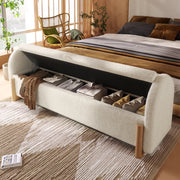 Panca con contenitore idraulico 146x47x61 cm in tessuto bouclé bianco con gambe a U in legno di gomma
