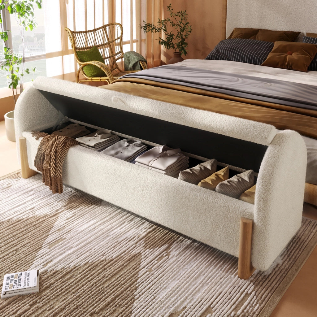 Panca con contenitore idraulico 146x47x61 cm in tessuto bouclé bianco con gambe a U in legno di gomma