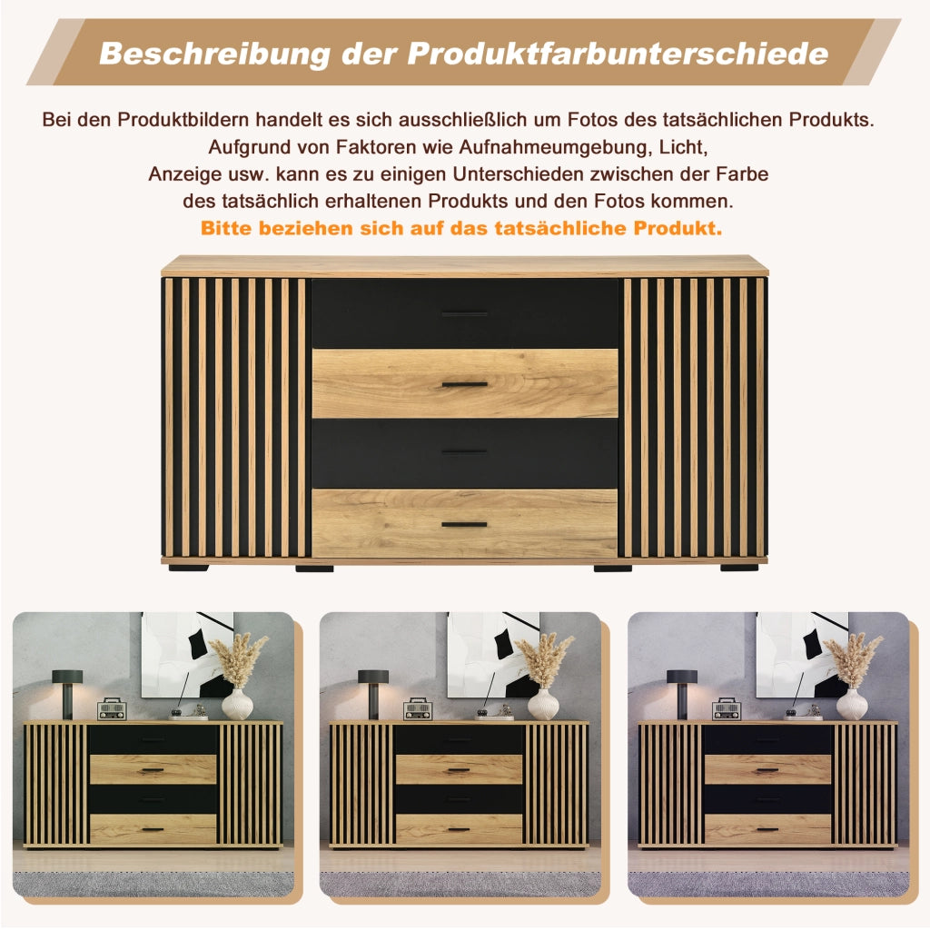 SIDEBOARD 140x35x70 cm in MDF nero e effetto rovere con 4 cassetti e 2 ante