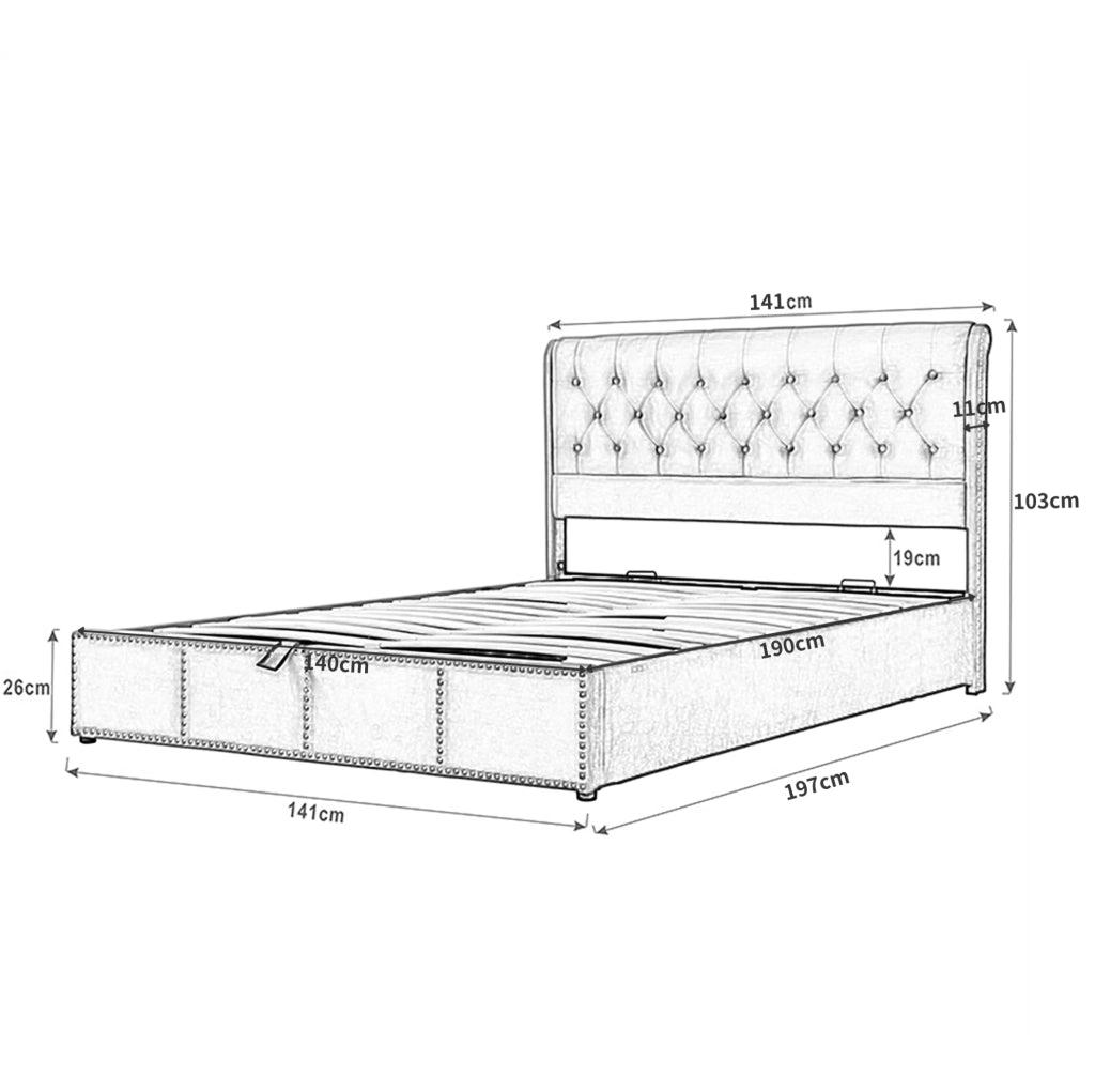 Letto contenitore 140x190 cm in velluto grigio con rete a doghe, senza materasso