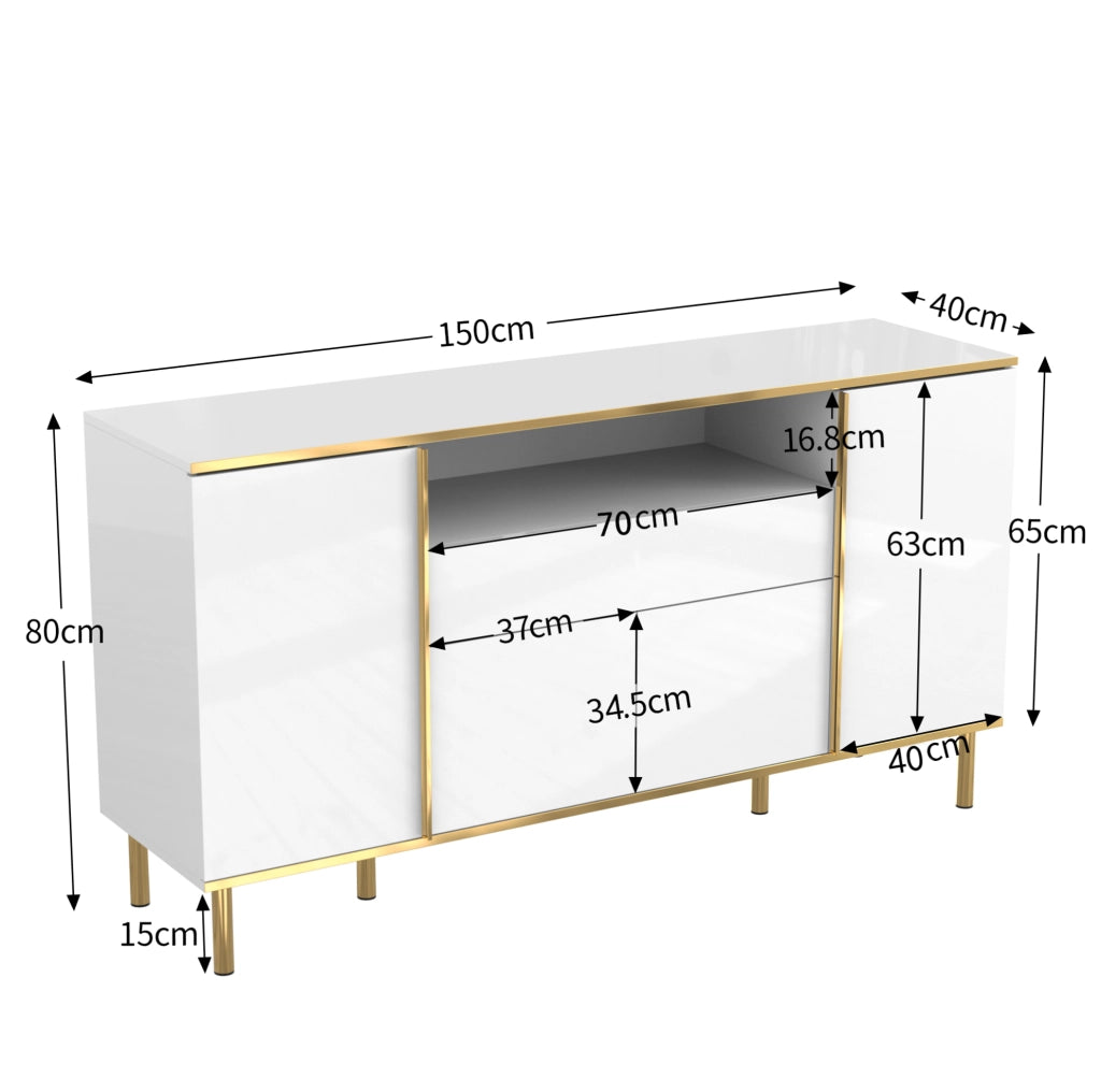 Credenza bianca lucida 150 cm con LED, 4 ante e cassetto