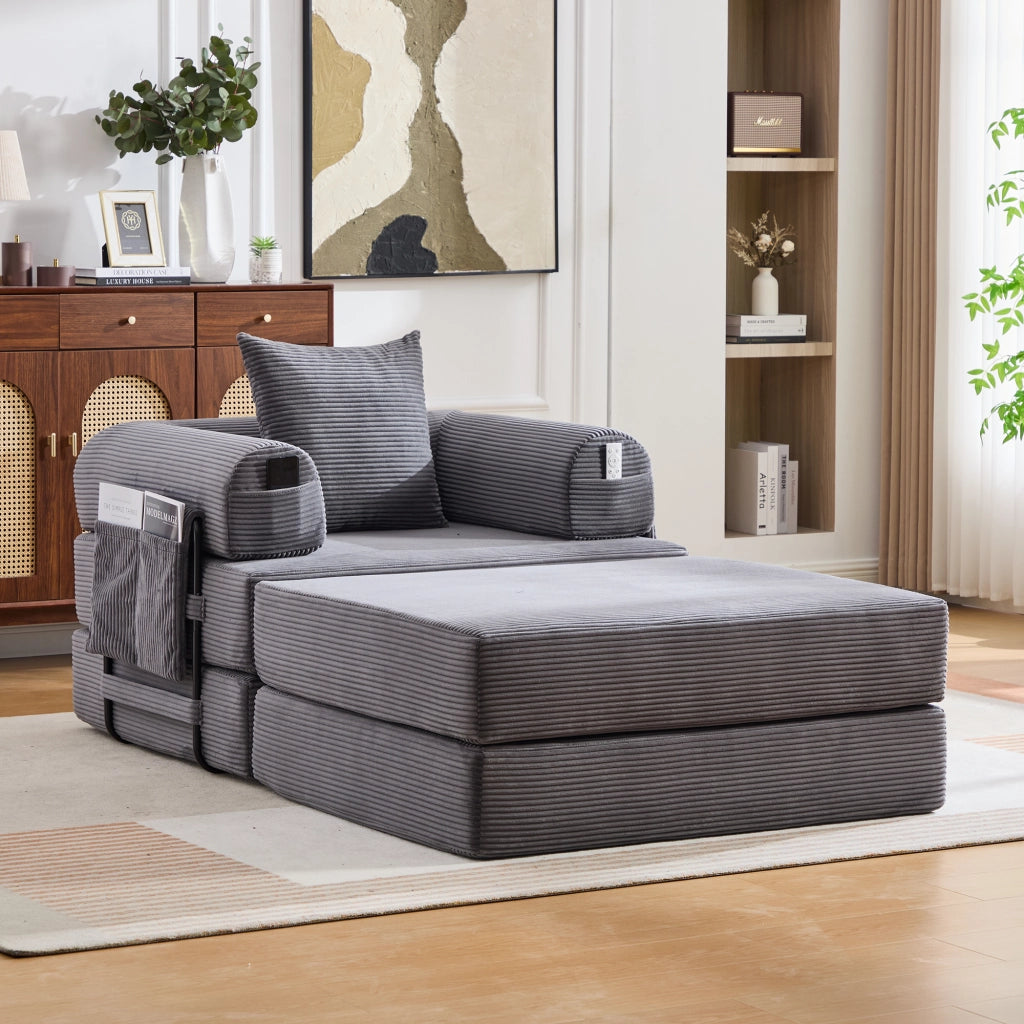 Poltrona con pouf modulare a compressione con tasca laterale e cuscino in velluto a coste grigio scuro