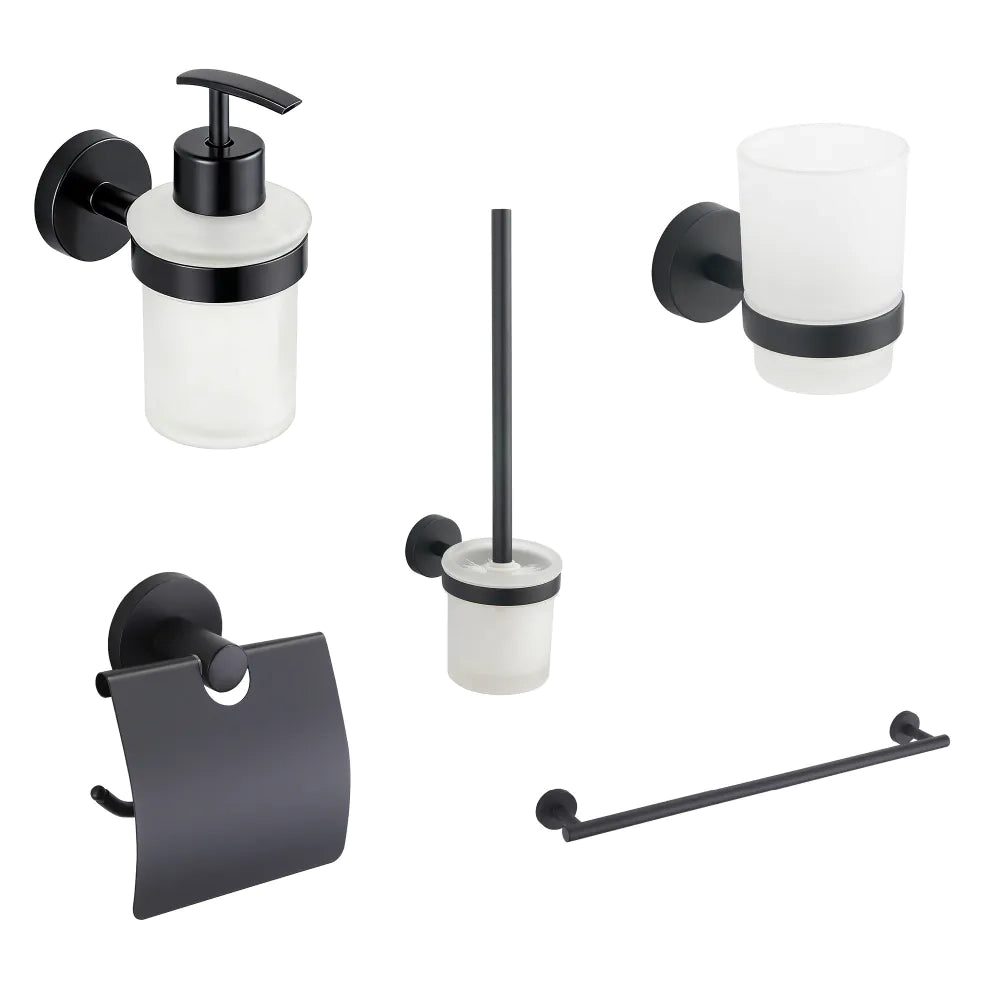 Set da bagno 5 accessori nero opaco: dispenser, portaspazzolino, copri rotolo, porta scopino, porta asciugamani 35cm | Spin