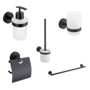Set da bagno 5 accessori nero opaco: dispenser, portaspazzolino, copri rotolo, porta scopino, porta asciugamani 35cm | Spin