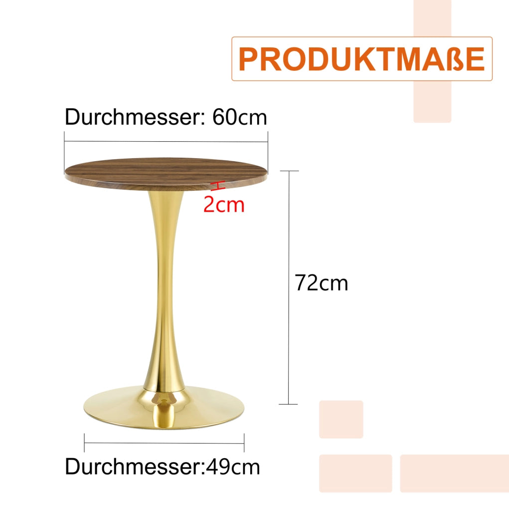 Tavolo rotondo Mid-Century in MDF e metallo; altezza 72 cm; Gold/Walnut