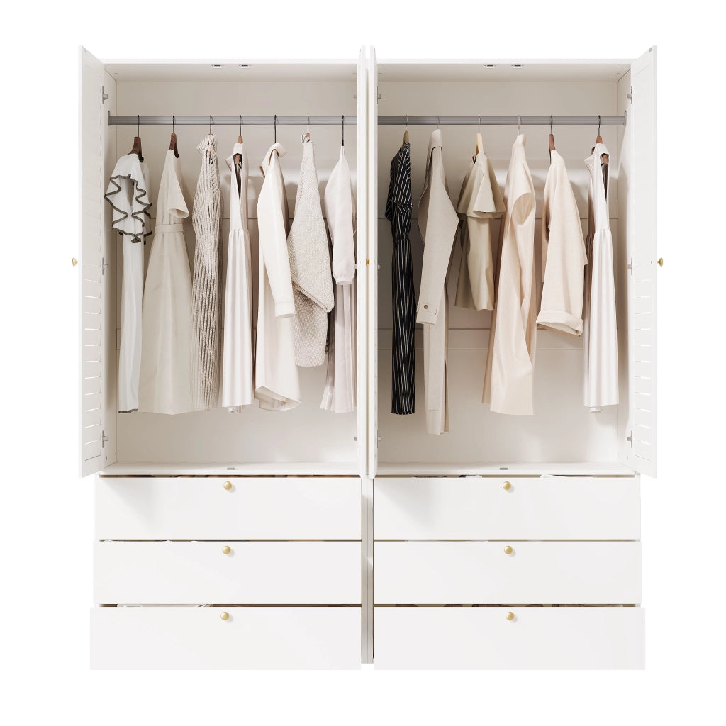 Armadio 4 ante 180 × 50 × 200 cm con 6 cassetti e 2 appendiabiti in pannello truciolare bianco