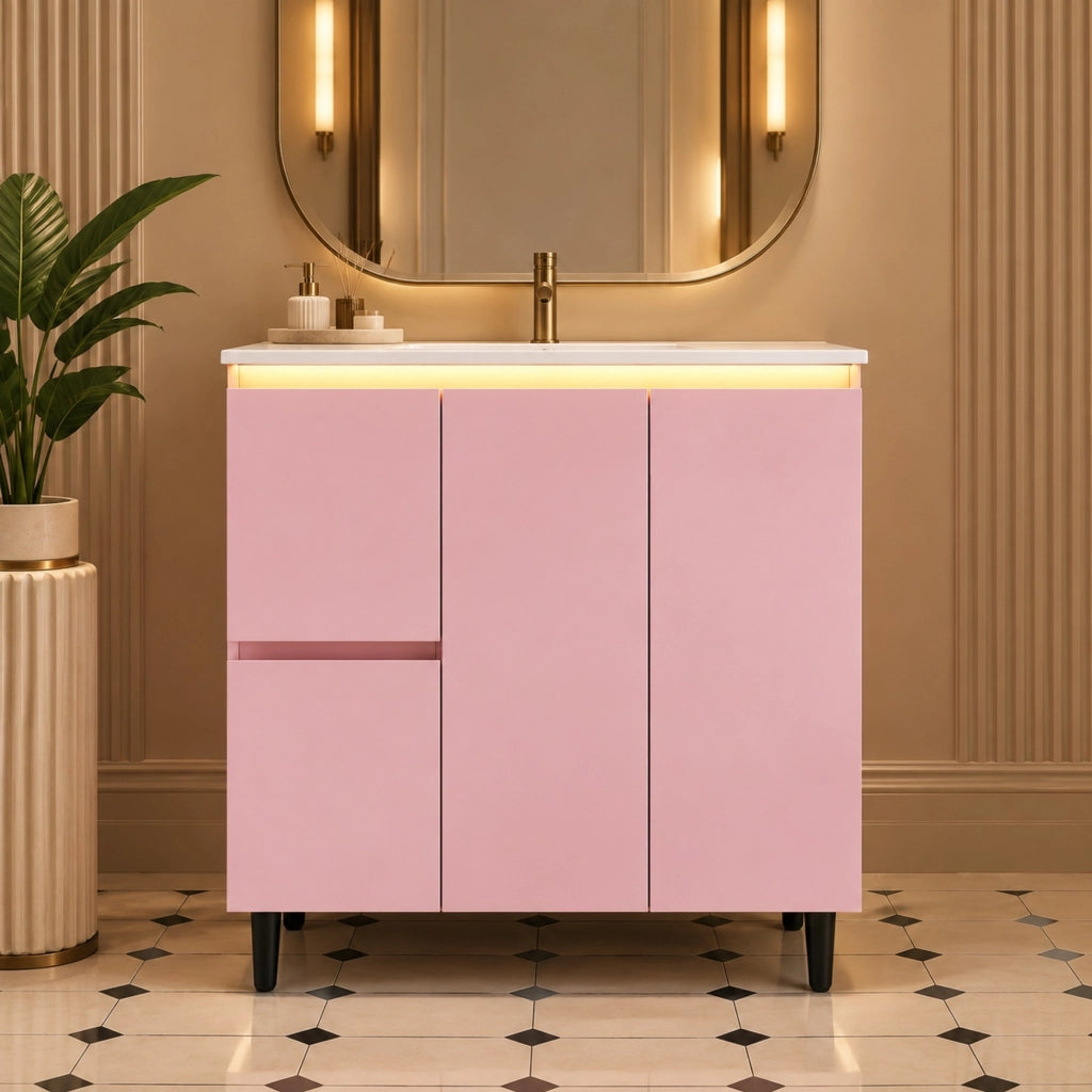 Mobile bagno con lavabo freestanding 76x47x89 cm rosa con luce LED a sensore HOMVRA