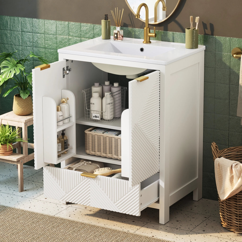 Mobile sottolavabo con lavabo in ceramica, 2 ante ammortizzate, cassetto e ripiani, per bagno, bianco, 61 × 47 × 87 cm