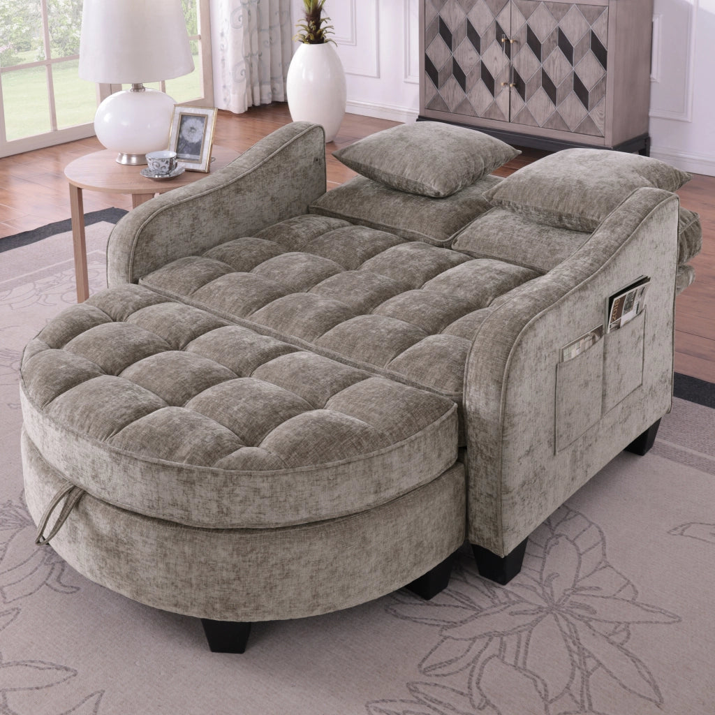 Divano letto 2 in 1 con pouf contenitore in legno di eucalipto marrone