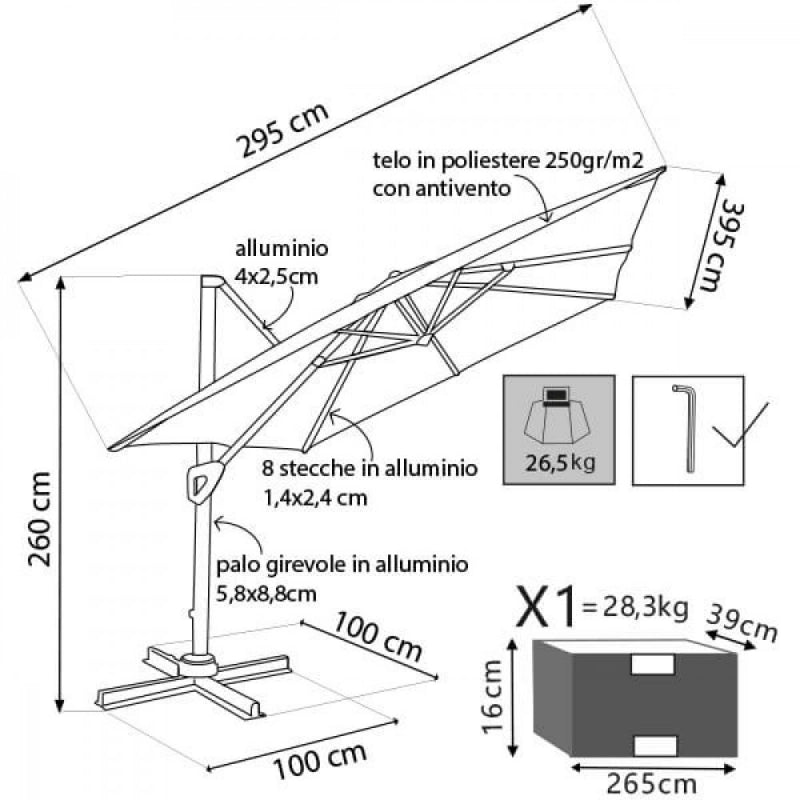 OMBRELLONE DARWIN GRIGIO P/L 3 X 4 TELO GRIGIO
