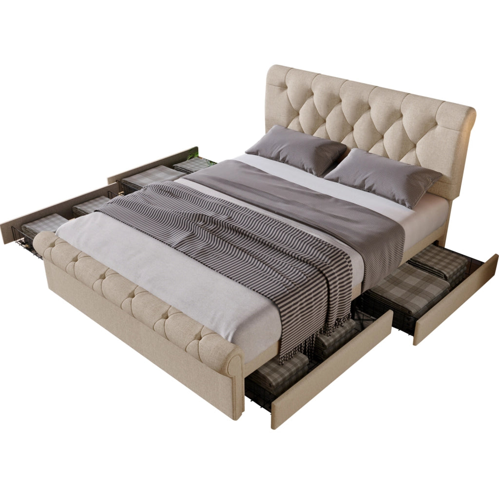 Letto matrimoniale 140x200 cm con 4 cassetti e testiera regolabile; naturale