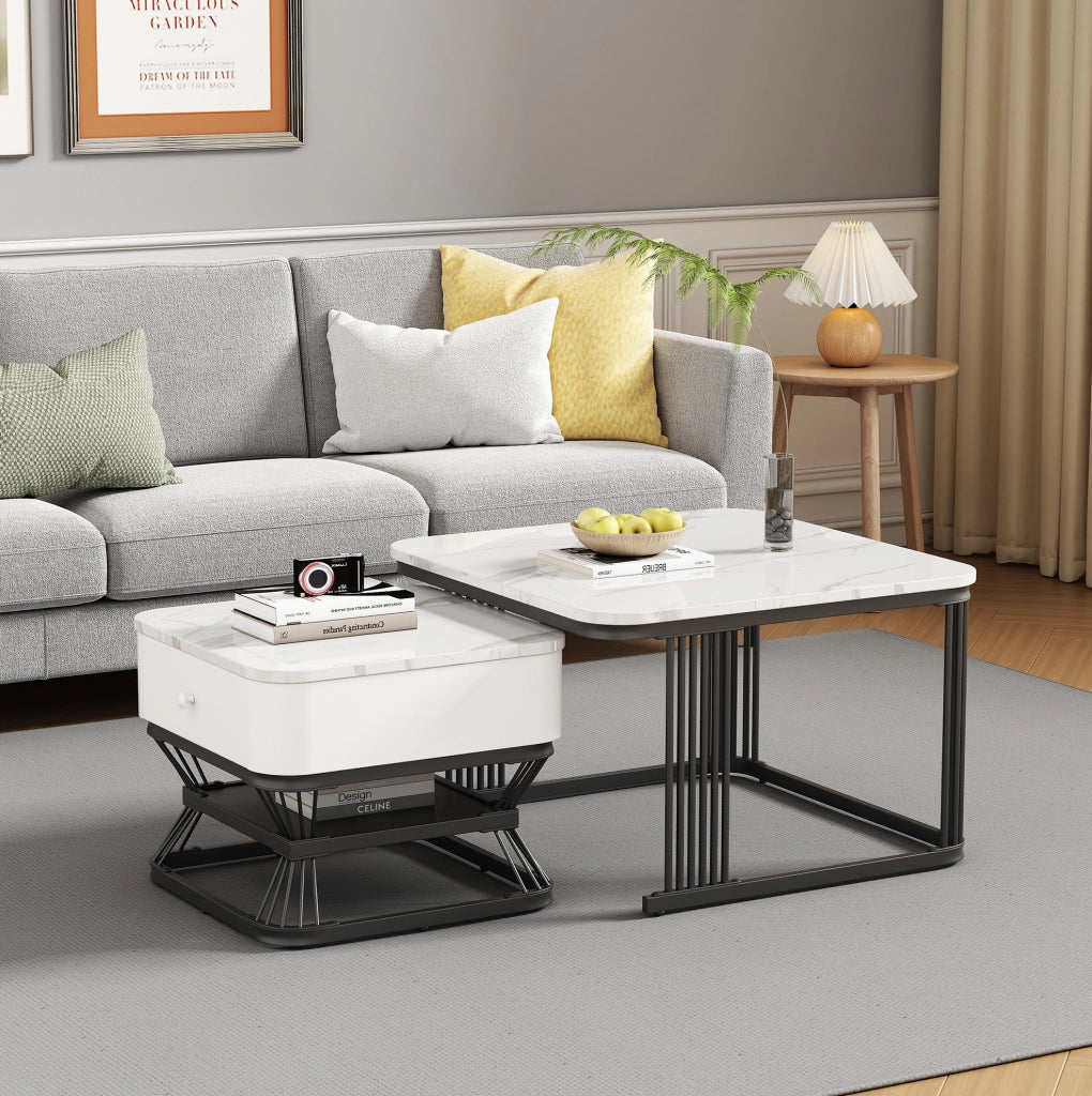 Set di 2 tavolini da caff¨¨ 70x70 e 50x50 cm con cassetto in MDF e metallo bianco e nero