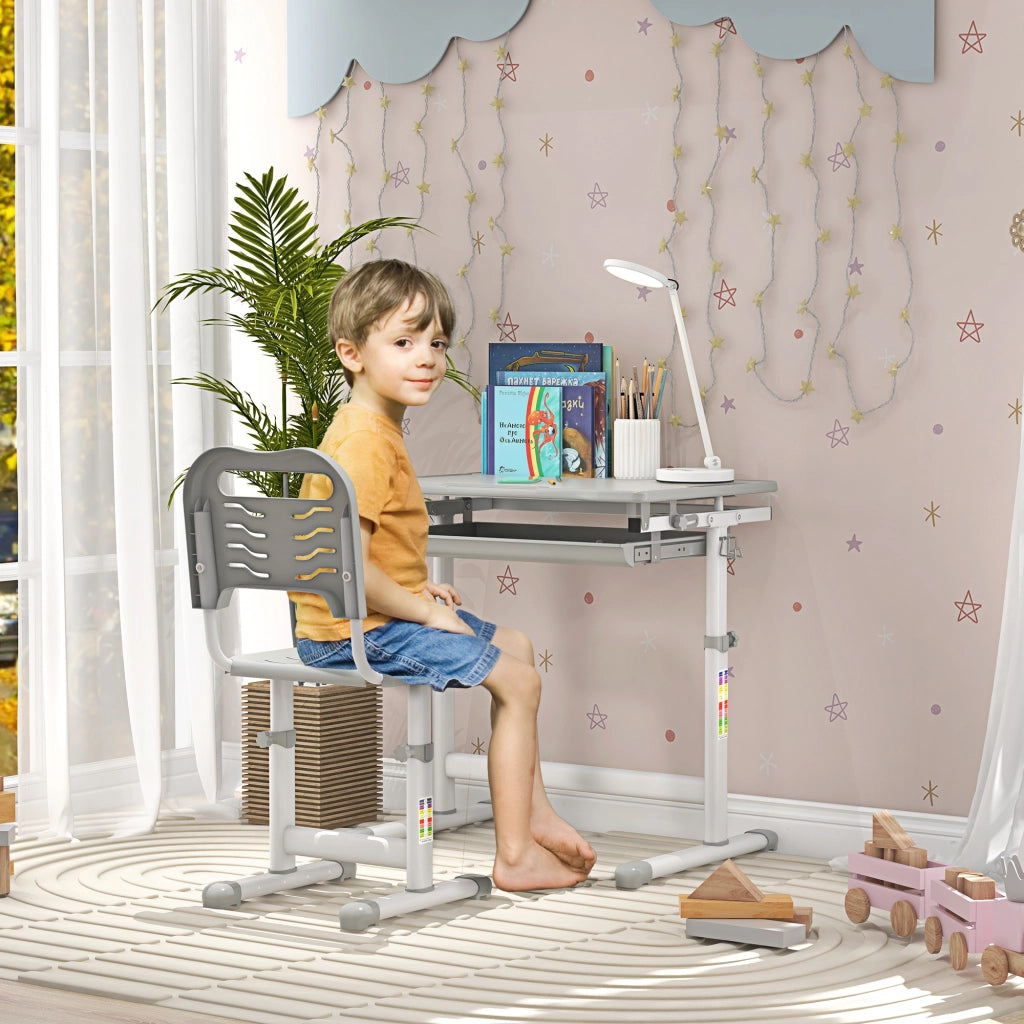 Banco Scuola per Bambini 6-12 Anni con Sedia e Altezza Regolabile, Piano Inclinabile, 66x47x52-77 cm, Grigio