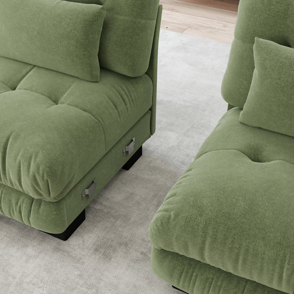 Divano modulare a 2 posti in chenille verde con braccioli arrotondati e pouf mobili