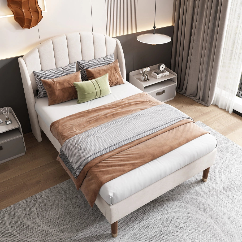 Letto singolo 90 × 200 cm imbottito con testiera e rete a doghe in velluto beige