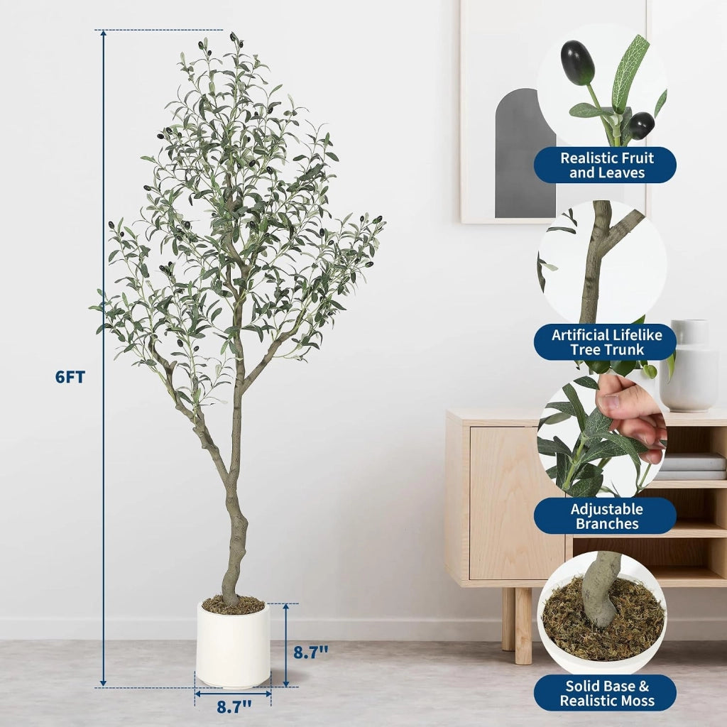 Pianta di Olivo Artificiale 180 cm con Rami Fitti Olive e Vaso da Pavimento
