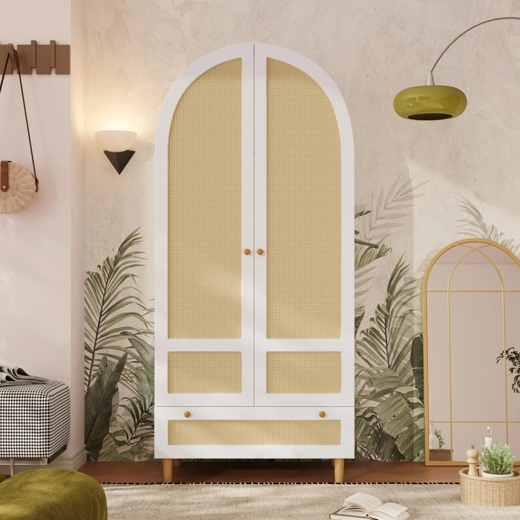 Armadio Bianco 80x50x180 cm in MDF con Design ad Arco; Bastone Appendiabiti e Cassetto per Camera da Letto