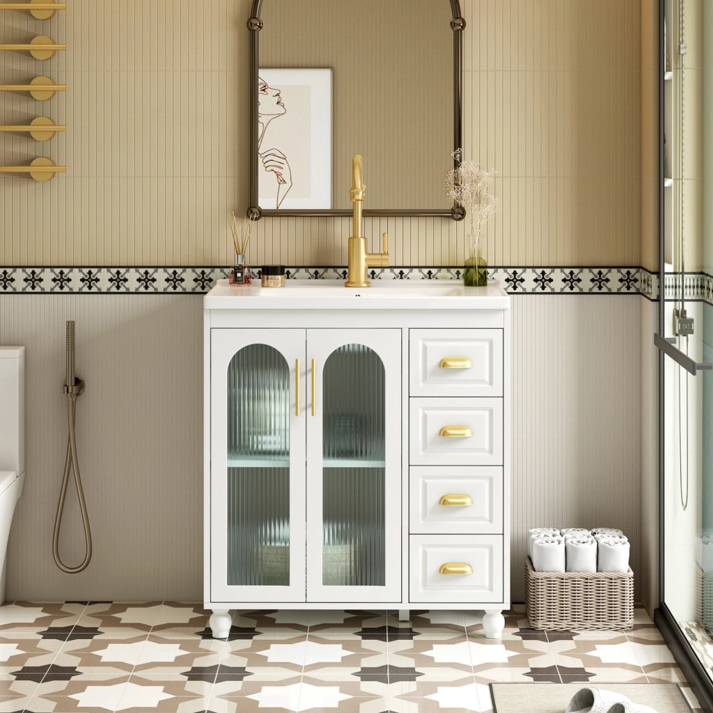 Mobile bagno con lavabo in ceramica bianco 80 cm con armadietto e cassetti