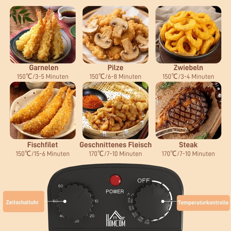 Friggitrice ad olio 5L, 2000W, acciaio inox argento. Temperatura e timer regolabili, serbatoio removibile, finestra di controllo, protezione surriscaldamento