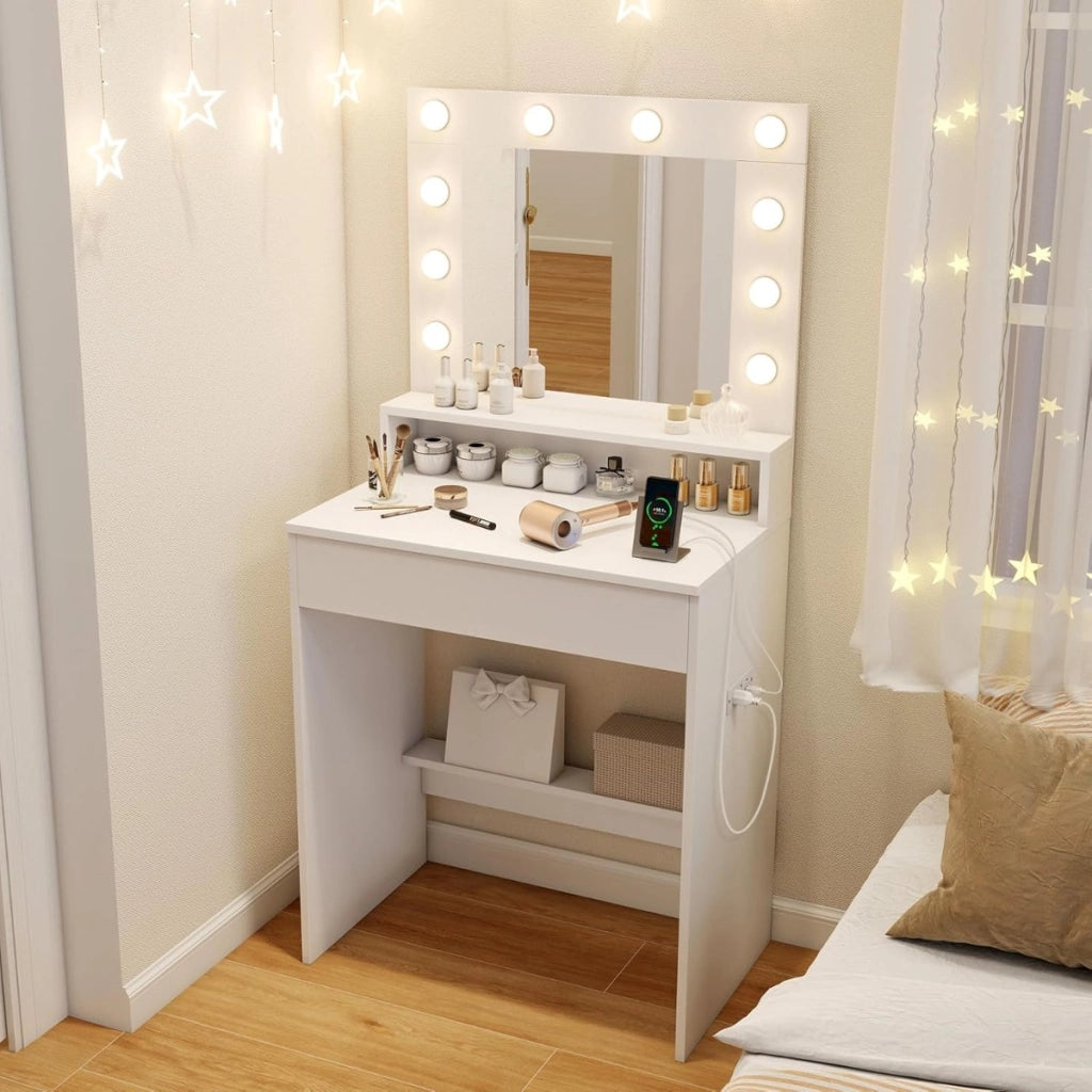 Scrivania vanity con specchio e luci, Tavolo da trucco con 3 modalit¨¤ di illuminazione e luminosit¨¤ regolabile Bianco