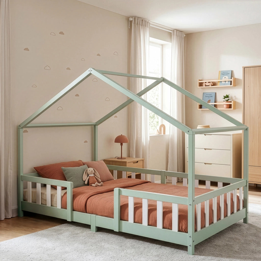 Letto per Cameretta Treviolo a Forma di Casetta in Stile Montessori con Materasso 140x200 cm - Menta Verde/Bianco [en.casa]