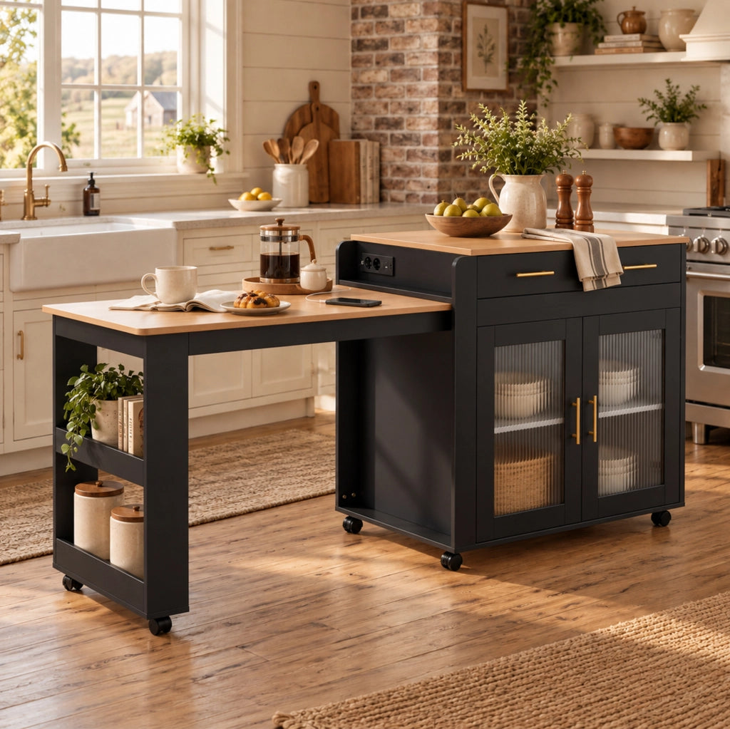 Isola cucina con tavolo estraibile 116-177 cm e prese USB; nera HOMVRA